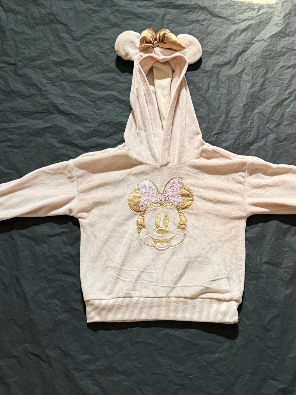 Disney Junior Minnie Mouse Girls 3T Plush Velour Hoodie 3D Ears Sequin Bow